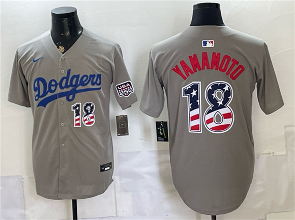 Los Angeles Dodgers #18 Yoshinobu Yamamoto Gray USA 250 Fourth of July Stitched Baseball Jersey