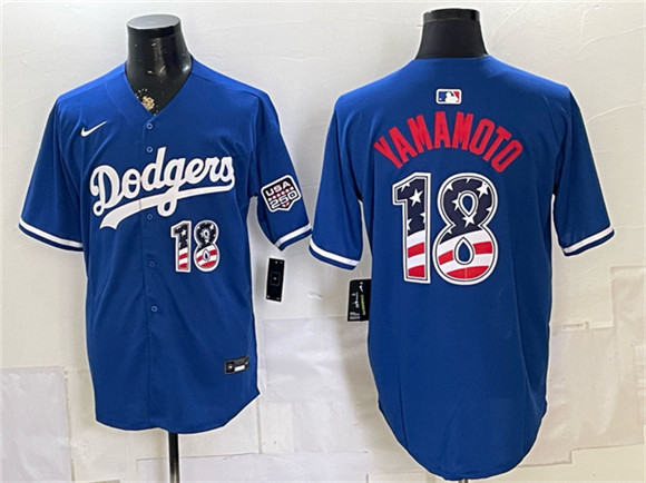 Los Angeles Dodgers #18 Yoshinobu Yamamoto Blue USA 250 Fourth of July Stitched Baseball Jersey