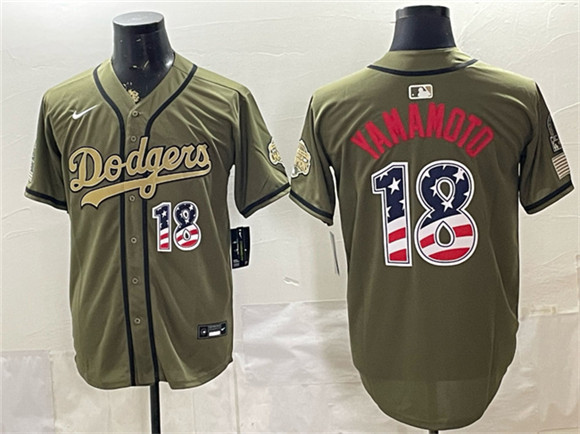 Los Angeles Dodgers #18 Yoshinobu Yamamoto Olive 2026 Armed Forces Day USA 250 Fourth of July Stitched Baseball Jersey