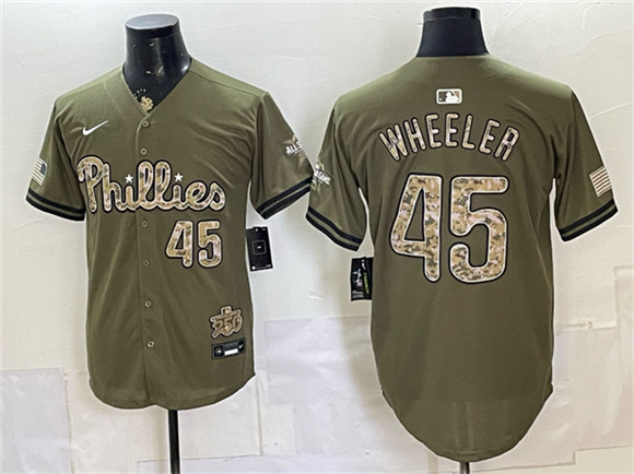 Philadelphia Phillies #45 Zack Wheeler Olive 2026 Armed Forces Day Stitched Jersey