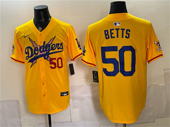 Los Angeles Dodgers x One Piece #50 Mookie Betts Yellow Vapor Premier Limited Stitched Baseball Jersey