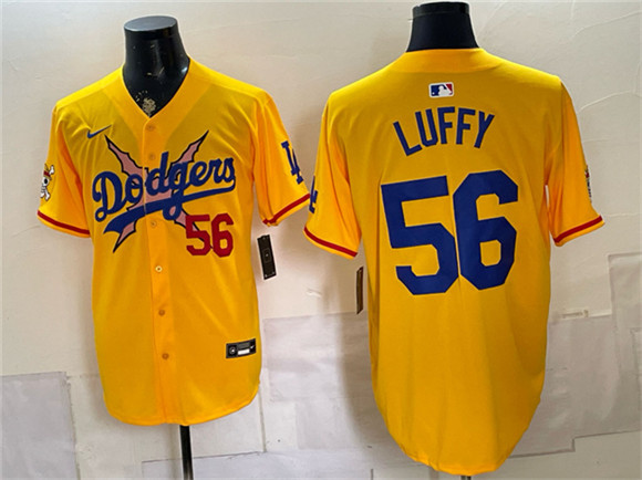 Los Angeles Dodgers x One Piece #56 Luffy Yellow Vapor Premier Limited Stitched Baseball Jersey