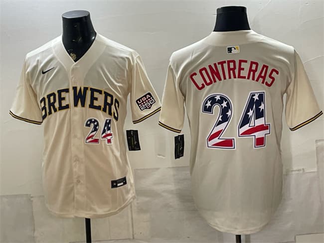 Milwaukee Brewers #24 William Contreras Cream 2026 USA 250 Fourth of July Home Stadium Stitched Baseball Jersey