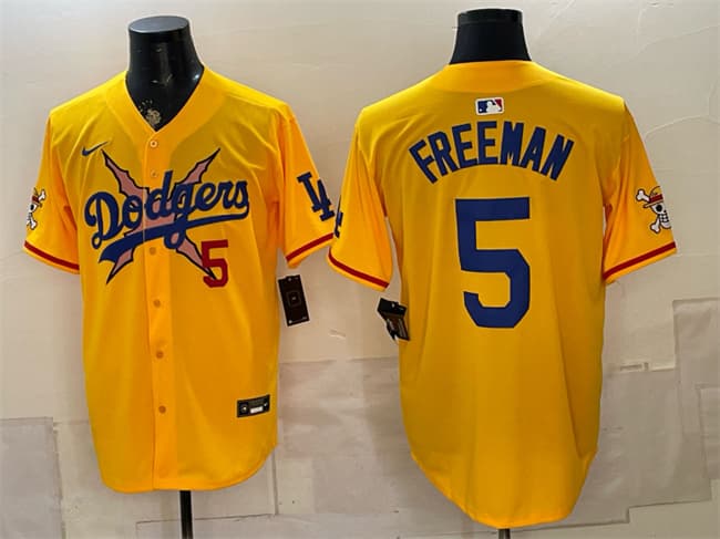 Los Angeles Dodgers x One Piece #5 Freddie Freeman Yellow Vapor Premier Limited Stitched Baseball Jersey