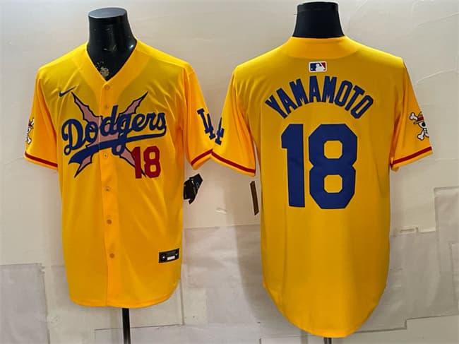 Los Angeles Dodgers x One Piece #18 Yoshinobu Yamamoto Yellow Vapor Premier Limited Stitched Baseball Jersey
