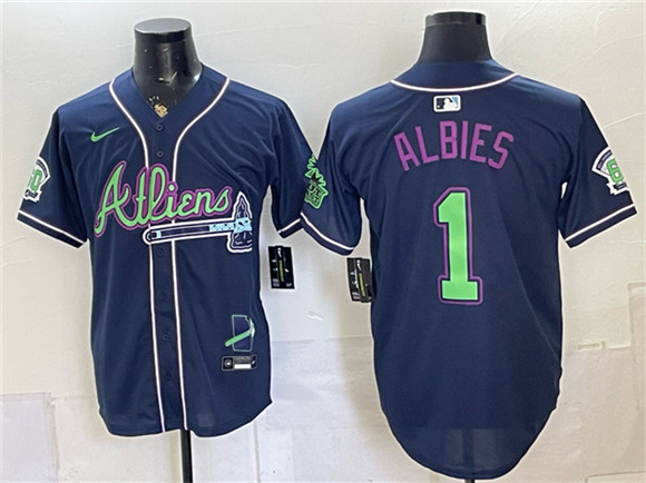 Atlanta Braves #1 Ozzie Albies Navy Galaxy With Outkast Patch Vapor Limited Stitched Baseball Jersey