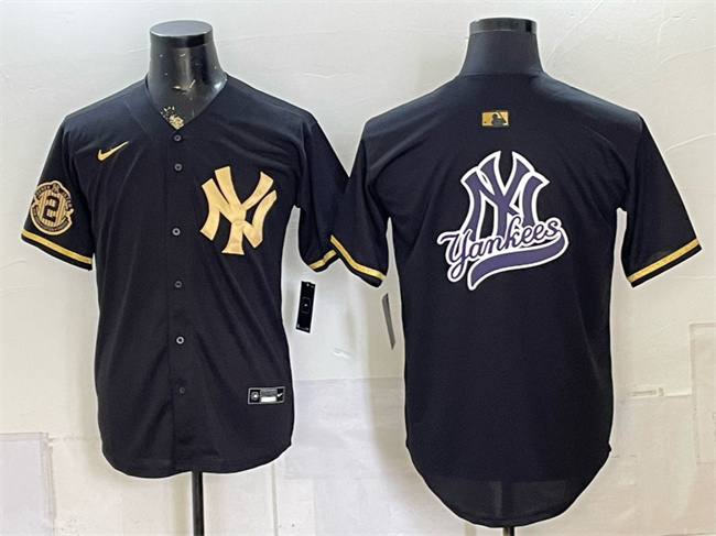 New York Yankees Team Big Logo Black Gold With Patch Stitched Baseball Jersey