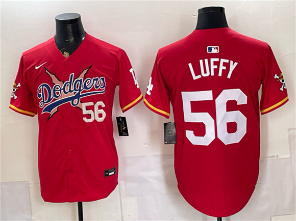 Los Angeles Dodgers x One Piece #56 Luffy Red Vapor Premier Limited Stitched Baseball Jersey