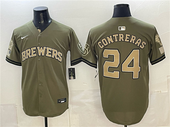 Milwaukee Brewers #24 William Contreras Olive 2026 Armed Forces Day Stitched Baseball Jersey