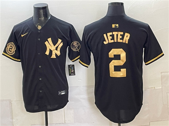 New York Yankees #2 Derek Jeter Black Gold With Patch Stitched Baseball Jersey New York Yankees #2 Derek Jeter Black Gold With Patch Stitched Baseball Jersey