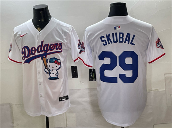 Los Angeles Dodgers #29 Tarik Skubal White Hello Kitty Night 2025 World Series Champions Patch Limited Stitched Baseball Jersey Los Angeles Dodgers #29 Tarik Skubal White Hello Kitty Night 2025 World Series Champions Patch Limited Stitched Baseball Jersey