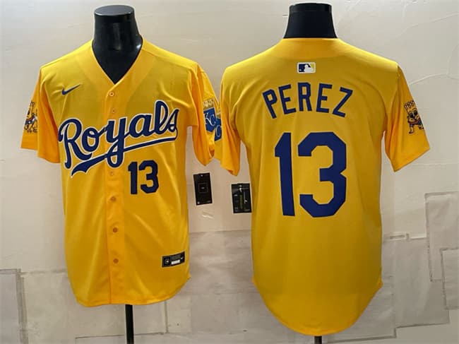 Kansas City Royals #13 Salvador Perez Gold Sluggerrr Patch Vapor Limited Stitched Baseball Jersey