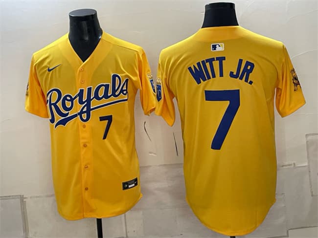 Kansas City Royals #7 Bobby Witt Jr. Gold Sluggerrr Patch Vapor Limited Stitched Baseball Jersey Kansas City Royals #7 Bobby Witt Jr. Gold Sluggerrr Patch Vapor Limited Stitched Baseball Jersey