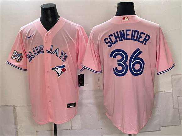 Toronto Blue Jays #36 Davis Schneider Pink 50 Seasons Patch Stitched Baseball Jersey