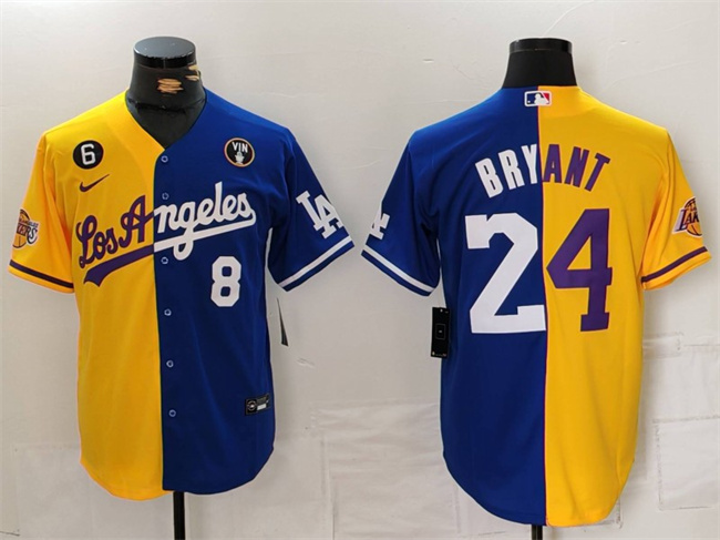 Los Angeles Lakers & Dodgers Front #8 Back #24 Kobe Bryant Gold Blue Split With Patch Stitched Jersey