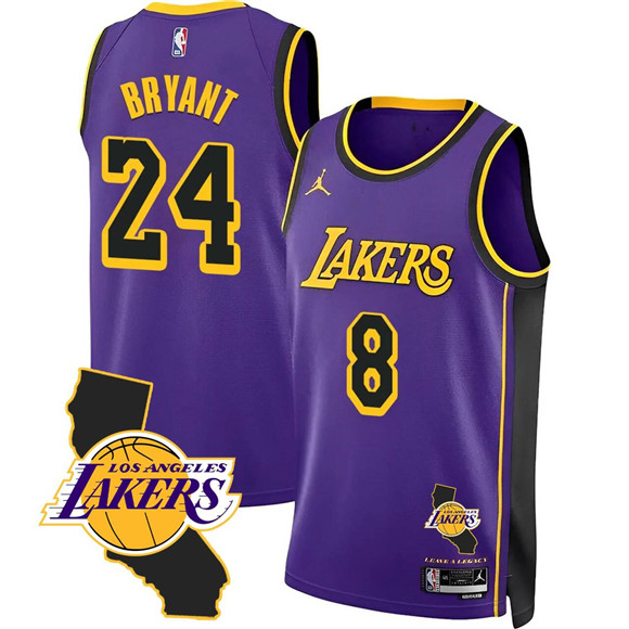 Los Angeles Lakers Front #8 Back #24 Kobe Bryant Purple 2025 California Patch Stitched Basketball Jersey Los Angeles Lakers Front #8 Back #24 Kobe Bryant Purple 2025 California Patch Stitched Basketball Jersey