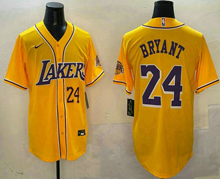 Los Angeles Lakers #24 Kobe Bryant Number Yellow Purple With Patch Cool Base Stitched Baseball Jersey