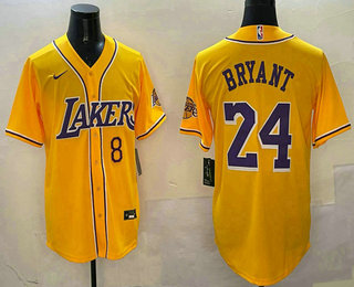 Los Angeles Lakers #8 24 Kobe Bryant Yellow Purple With Patch Cool Base Stitched Baseball Jersey