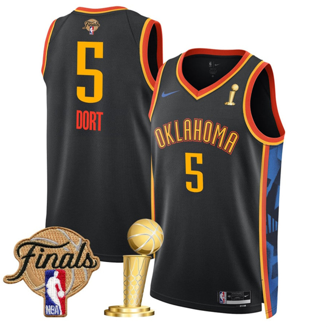 Oklahoma City Thunder #5 Luguentz Dort Black 2025 Finals Patch And Finals Champions Patch City Edition Stitched Basketball Jersey