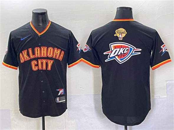 Oklahoma City Thunder Team Big Logo Black 2025 Finals Vapor Stitched Baseball Jersey Oklahoma City Thunder Team Big Logo Black 2025 Finals Vapor Stitched Baseball Jersey