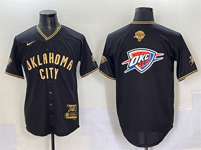 Oklahoma City Thunder Team Big Logo Black Gold 2025 Finals Vapor Stitched Baseball Jersey Oklahoma City Thunder Team Big Logo Black Gold 2025 Finals Vapor Stitched Baseball Jersey