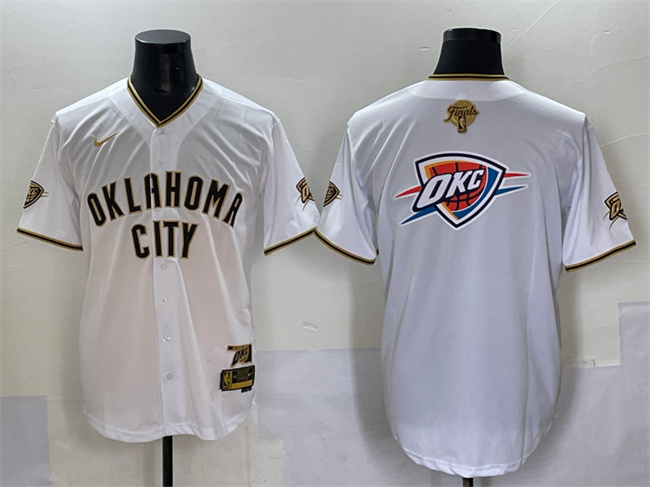 Oklahoma City Thunder Team Big Logo White Gold 2025 Finals Vapor Stitched Baseball Jersey Oklahoma City Thunder Team Big Logo White Gold 2025 Finals Vapor Stitched Baseball Jersey