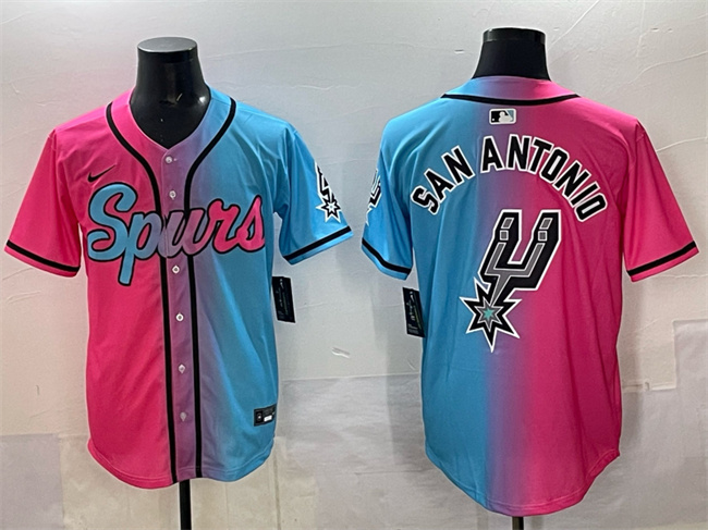 San Antonio Spurs Team Big Logo Pink Blue Limited Stitched Baseball Jersey San Antonio Spurs Team Big Logo Pink Blue Limited Stitched Baseball Jersey