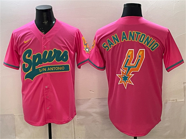 San Antonio Spurs Team Big Logo Pink Stitched Baseball Jersey San Antonio Spurs Team Big Logo Pink Stitched Baseball Jersey