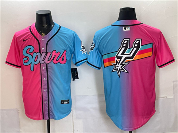 San Antonio Spurs Team Big Logo Pink Blue Limited Stitched Baseball Jersey San Antonio Spurs Team Big Logo Pink Blue Limited Stitched Baseball Jersey