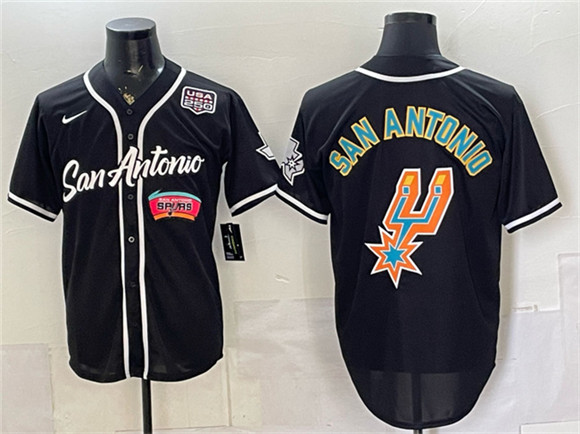 San Antonio Spurs Team Big Logo Black USA 250' Patch Stitched Baseball Jersey San Antonio Spurs Team Big Logo Black USA 250' Patch Stitched Baseball Jersey