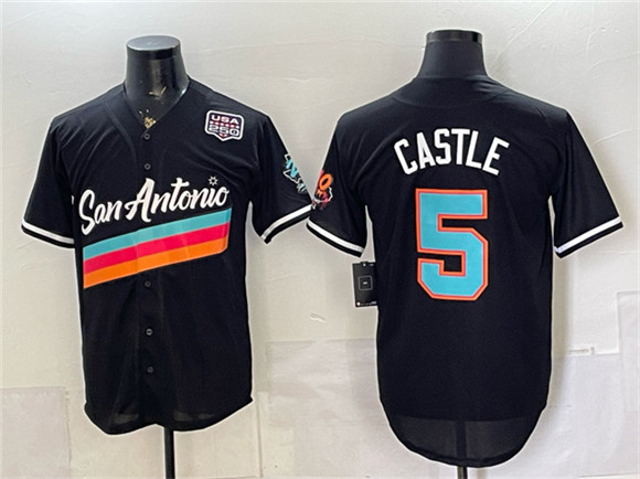 San Antonio Spurs #5 Stephon Castle Black USA 250' Patch City Edition Stitched Baseball Jersey