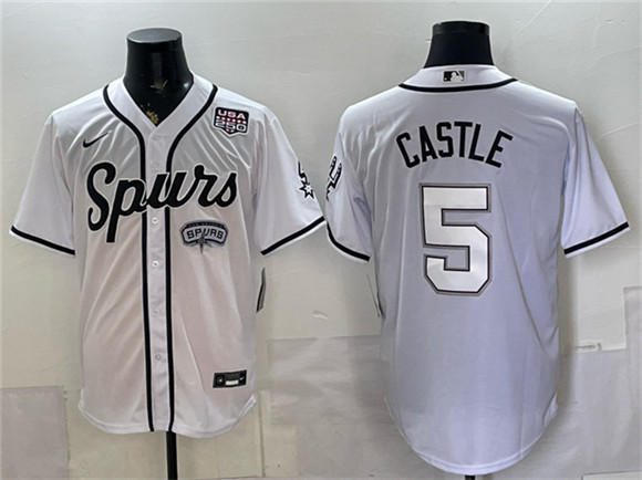 San Antonio Spurs #5 Stephon Castle White USA 250' Patch Stitched Baseball Jersey
