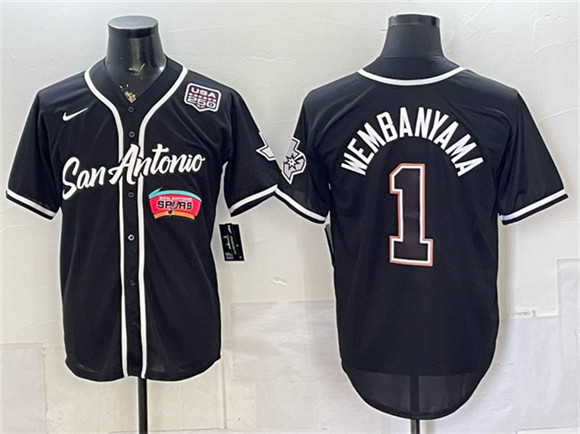 San Antonio Spurs #1 Victor Wembanyama Black USA 250' Patch Stitched Baseball Jersey