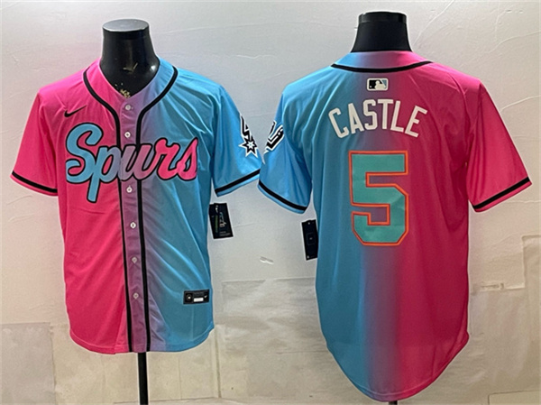 San Antonio Spurs #5 Stephon Castle Pink Blue Limited Stitched Baseball Jersey
