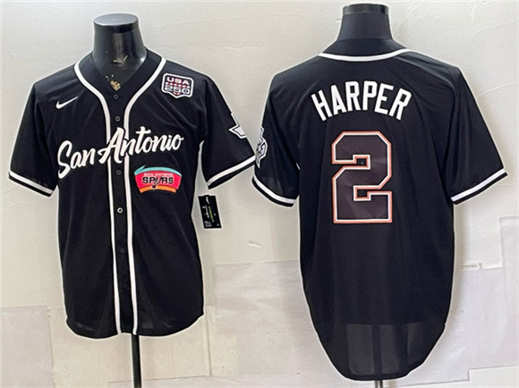 San Antonio Spurs #2 Dylan Harper Black USA 250' Patch Stitched Baseball Jersey