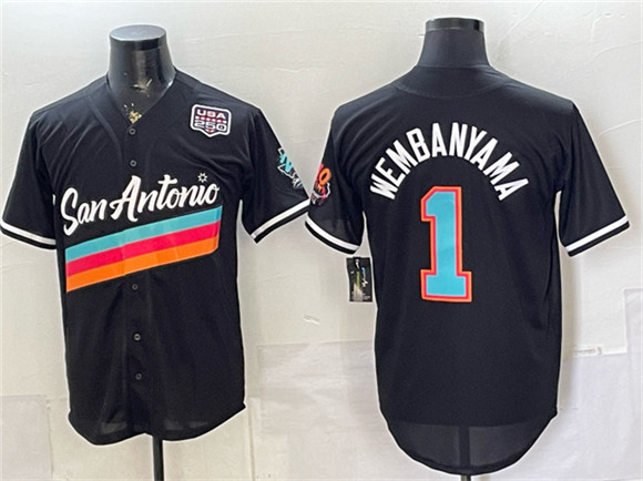 San Antonio Spurs #1 Victor Wembanyama Black USA 250' Patch City Edition Stitched Baseball Jersey
