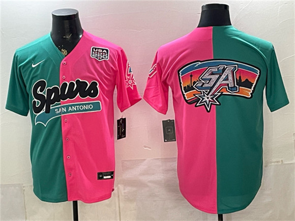 San Antonio Spurs Team Big Logo Teal Pink Split USA 250' Patch Stitched Baseball Jersey