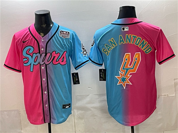 San Antonio Spurs Team Big Logo Pink Blue USA 250' Patch Stitched Baseball Jersey San Antonio Spurs Team Big Logo Pink Blue USA 250' Patch Stitched Baseball Jersey