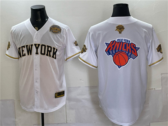 New York Knicks Team Big Logo White Gold 2026 Finals & Eastern Conference Champions Patch Stitched Baseball Jersey