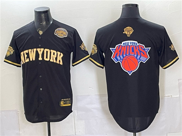 New York Knicks Team Big Logo Black Gold 2026 Finals & Eastern Conference Champions Patch Stitched Baseball Jersey