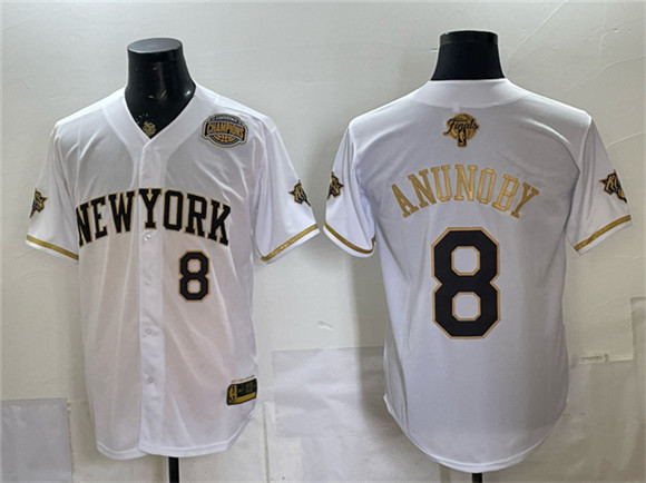 New York Knicks #8 OG Anunoby White Gold 2026 Finals & Eastern Conference Champions Patch Stitched Baseball Jersey