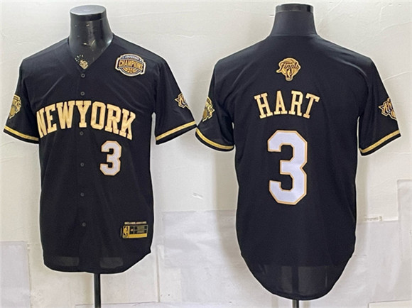 New York Knicks #3 Josh Hart Black Gold 2026 Finals & Eastern Conference Champions Patch Stitched Baseball Jersey New York Knicks #3 Josh Hart Black Gold 2026 Finals & Eastern Conference Champions Patch Stitched Baseball Jersey