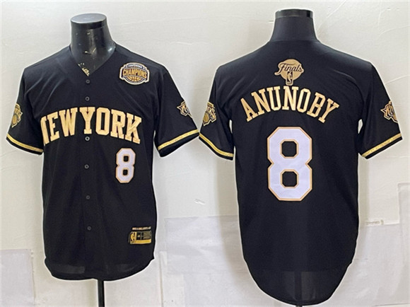 New York Knicks #8 OG Anunoby Black Gold 2026 Finals & Eastern Conference Champions Patch Stitched Baseball Jersey