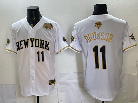New York Knicks #11 Jalen Brunson White Gold 2026 Finals & Eastern Conference Champions Patch Stitched Baseball Jersey