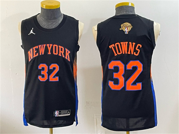 New York Knicks #32 Karl-Anthony Towns Black 2026 Finals Patch Statement Edition Stitched Jersey