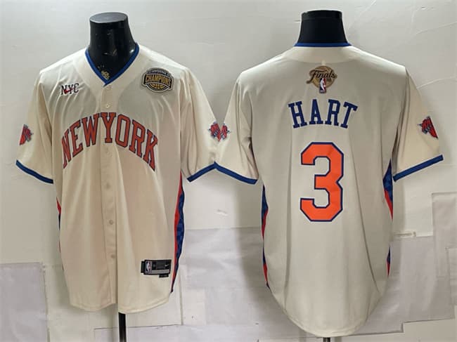 New York Knicks #3 Josh Hart Cream 2026 Finals & Eastern Conference Champions Patch Stitched Baseball Jersey New York Knicks #3 Josh Hart Cream 2026 Finals & Eastern Conference Champions Patch Stitched Baseball Jersey
