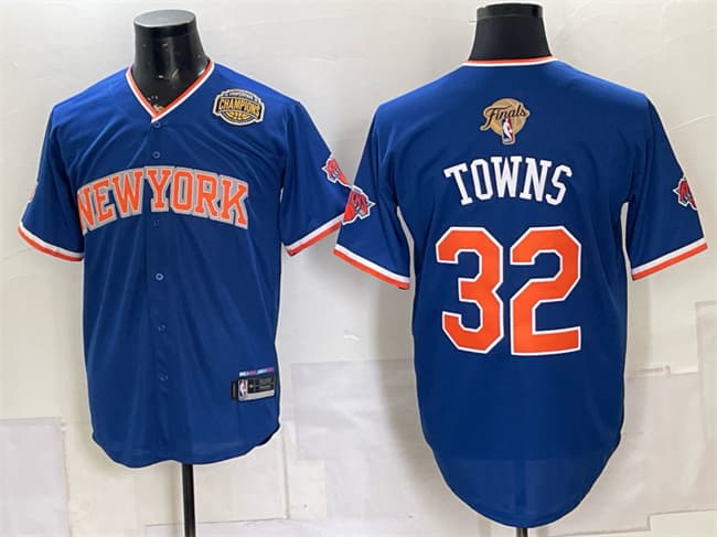 New York Knicks #32 Karl-Anthony Towns Blue 2026 Finals & Eastern Conference Champions Patch Stitched Baseball Jersey