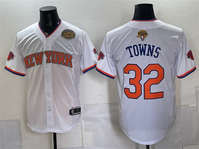 New York Knicks #32 Karl-Anthony Towns White 2026 Finals & Eastern Conference Champions Patch Stitched Baseball Jersey