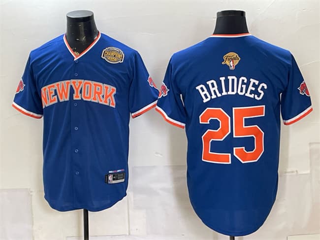New York Knicks #25 Mikal Bridges Blue 2026 Finals & Eastern Conference Champions Patch Stitched Baseball Jersey New York Knicks #25 Mikal Bridges Blue 2026 Finals & Eastern Conference Champions Patch Stitched Baseball Jersey