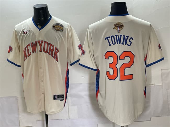 New York Knicks #32 Karl-Anthony Towns Cream 2026 Finals & Eastern Conference Champions Patch Stitched Baseball Jersey